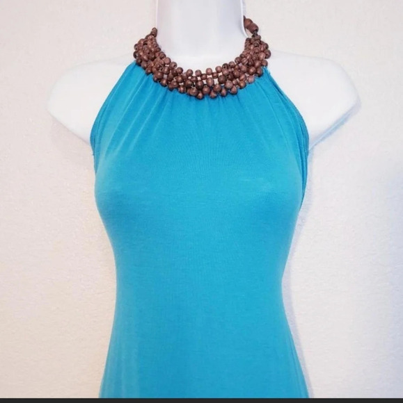 💚5/$25 L8TER  Blue Wood Beaded Halter Neck Long Maxi Slip Dress Medium - Picture 3 of 7